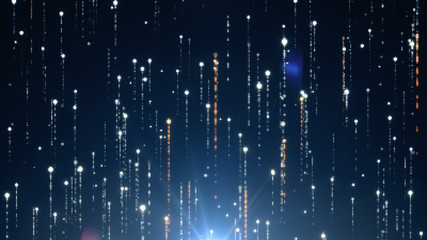 Abstract technology background with animation of fast flying flickering code particles as data transfer. Modern color spectrum 3d illustration