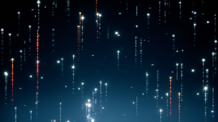 Abstract technology background with animation of fast flying flickering code particles as data transfer. Modern color spectrum 3d illustration