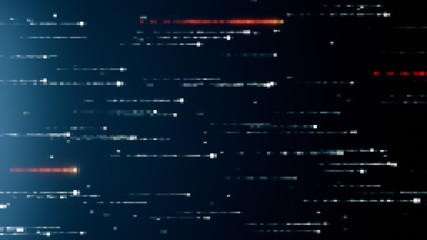 Abstract technology background with animation of fast flying flickering code particles as data transfer. Modern color spectrum 3d illustration