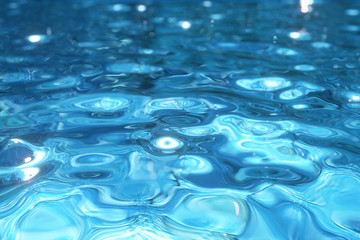 Wall Mural - Pure blue water in the pool with light reflections. Water droplets falling to the surface. 3d illustration