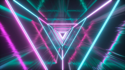 Poster - Flying through glowing neon triangles creating a tunnel with grunge reflection, fluorescent ultraviolet light, modern colorful lighting, 3d illustration