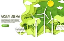 Green Energy Web Banner Template, Vector Paper Cut Illustration