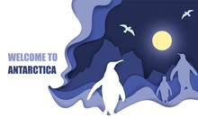 Welcome To Antarctica Poster, Vector Paper Cut Illustration