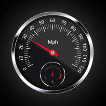 Realistic Illustration Of Speedometer On Dark Car Dashboard With Mileage Indicator Per Hour And Engine Temperature, Vector