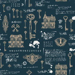 vector seamless pattern with vintage hand-drawn keys, keyholes and old houses in retro style. abstra