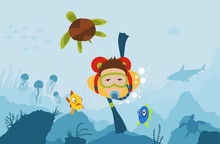 Scuba Diver Man Diving With Big Turtle At The Bottom Of The Sea With Underwater Vegatation Vector Illustration Graphic Design.