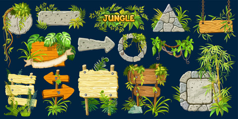 Wall Mural - Set cartoon game wooden and stone panels in jungle style with space for text. Isolated gui elements with tropical lianas, rocks, arrows and boards. Vector illustration on dark background.