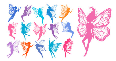 Cute Fairy art. Beautiful Fairies silhouette collection, Little fairies set. Hand drawn vector illustration 