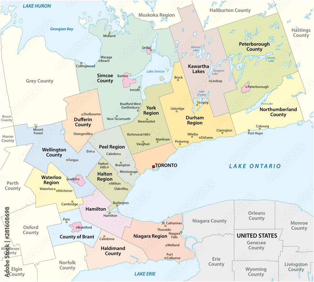 Map of the Golden Horseshoe metropolitan area around the western end of Lake Ontario, Ontario, Canada - obrazy, fototapety, plakaty 