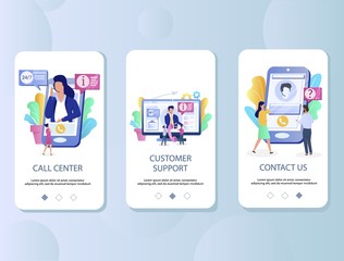 Wall Mural - Call center mobile app onboarding screens vector template