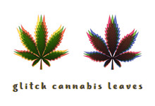 Vector Set Of Two Glitch Marijuana Leaves; Psychedelic Elements For Your Design.
