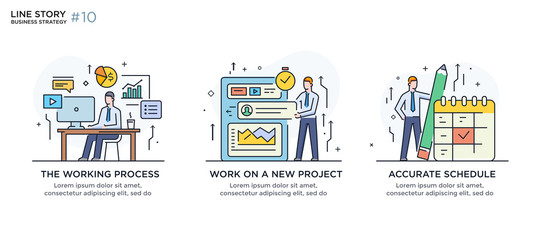 Set of illustrations concept with business concept. Workflow, growth, graphics. Business development, milestones, start-up. linear illustration Icons infographics. Landing page site print poster. Line