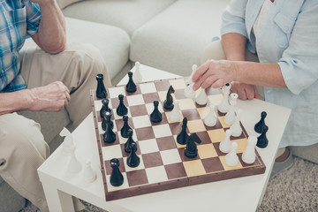 Sticker - Cropped view of her she his he two nice intelligent people playing chess creating move strategy win winner amateur championship in light white interior living-room house