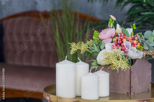 Organic Candle And Wooden Box With Flowers On Small Table Loft