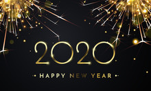 Happy New Year Of Glitter Gold Fireworks. Vector Golden Glittering Text And 2020 Numbers With Sparkle Shine For Holiday Greeting Card