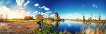 Traditional Dutch Windmills At Sunny Day, Netherlands