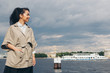 © aaalll3110 - beautiful Asian woman with hair in Japanese style and kimono walking on the waterfront