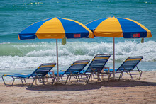 Daytona Beach Florida. July 07, 2019 Beautiful View Of Colorful Umbrellas And Beach Chairs