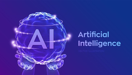 Wall Mural - AI Artificial Intelligence Logo in hands. Artificial Intelligence and Machine Learning Concept. Sphere grid wave with binary code. Big data innovation technology. Neural networks. Vector illustration.