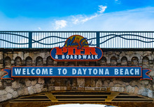 Daytona Beach, Florida. July 06, 2019 Top View Of Welcome To Daytona Beach And Pier AND Boardwalk Sign