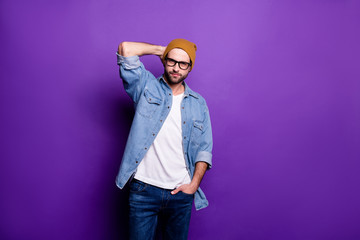 Poster - Portrait of his he nice attractive content virile brutal bearded guy posing modern lifestyle season clothing isolated over bright vivid shine violet lilac purple background