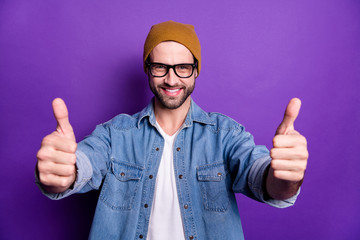 Poster - Close-up portrait of his he nice attractive confident cheerful cheery optimistic bearded guy showing two thumbup sale discount isolated over bright vivid shine violet lilac background