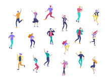 Jumping Character In Various Poses. Group Of Young Joyful Laughing People Jumping With Raised Hands. Happy Positive Young Men And Women Rejoicing Together, Happiness, Freedom, Motion People Concept.