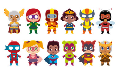 Vector cute kawaii set superheros colorful isolated