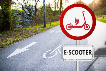 e-scooter prohibition sign on bike path, electric push scooters banned