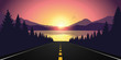 road to the lake in the forest at sunrise with mountain landscape vector illustration EPS10