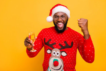 Portrait of his he nice attractive cheerful cheery glad ecstatic guy wearing celebratory costume enjoying wine party having fun midnight dream wish isolated over bright vivid shine yellow background