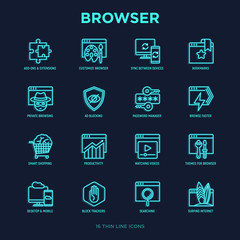 Wall Mural - browser neon thin line icons set: add-ons, extension, customize browser, sync between devices, bookm