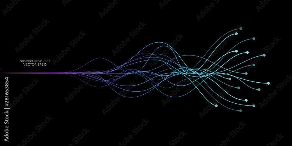 AI Artificial intelligence wave lines neural network purple blue and ...