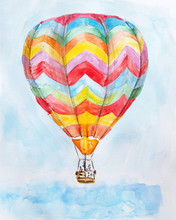 Hand Drawn Watercolor Illustration Of Hot Air Balloon In Blue Sky