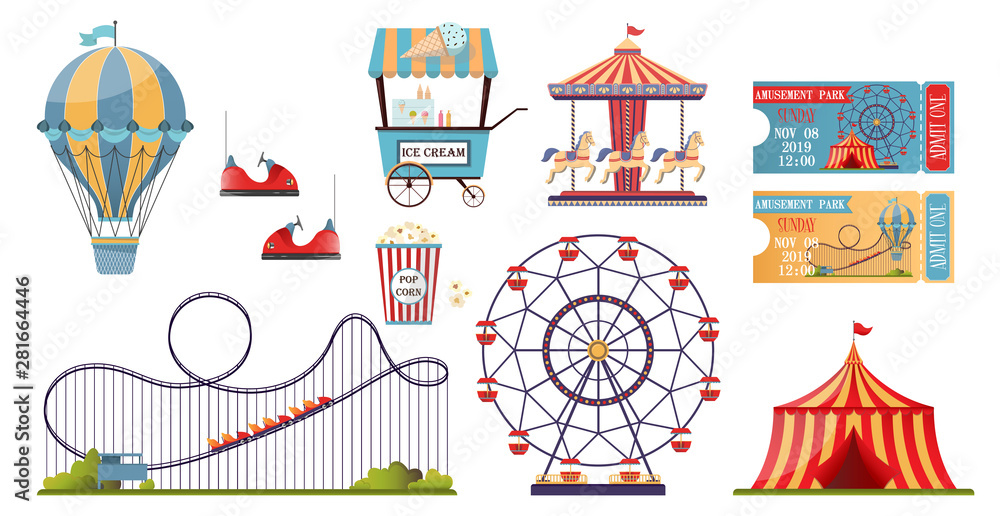 Amusement park vector set with flat elements isolated on white ...