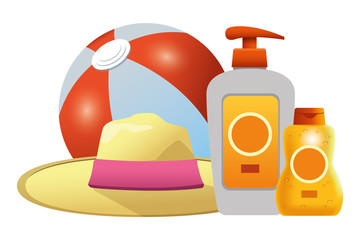 Poster - Beach ball and sun bronzers with summer hat