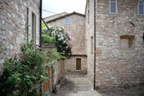 Fototapeta Do pokoju - Stradina con fiori nella città medievale italiana di Assisi, Umbria