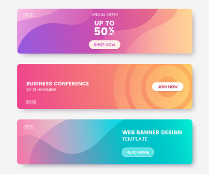 colorful web banner with push button. collection of horizontal promotion banners with pastel gradien