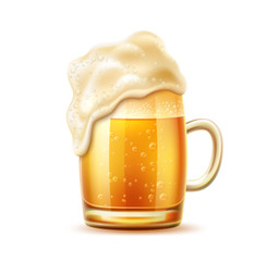 Wall Mural - Realistic beer glasses with thick froth. Lager, ale and dark beer in mug with water bubbles and drops. Fresh alcohol drink for brewery, restaurant or pub menu design. Craft beer for oktoberfest design