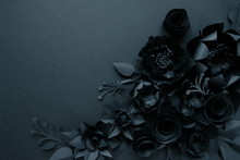 Black Paper Flowers On Black Background. Cut From Paper.