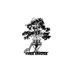 Wall Mural - Vector tree-house isolated on white. Hand drawn illustration vector sketch