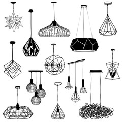 Set a hanging chandelier in the loft ,sketch by hand with contour lines. Vector illustration