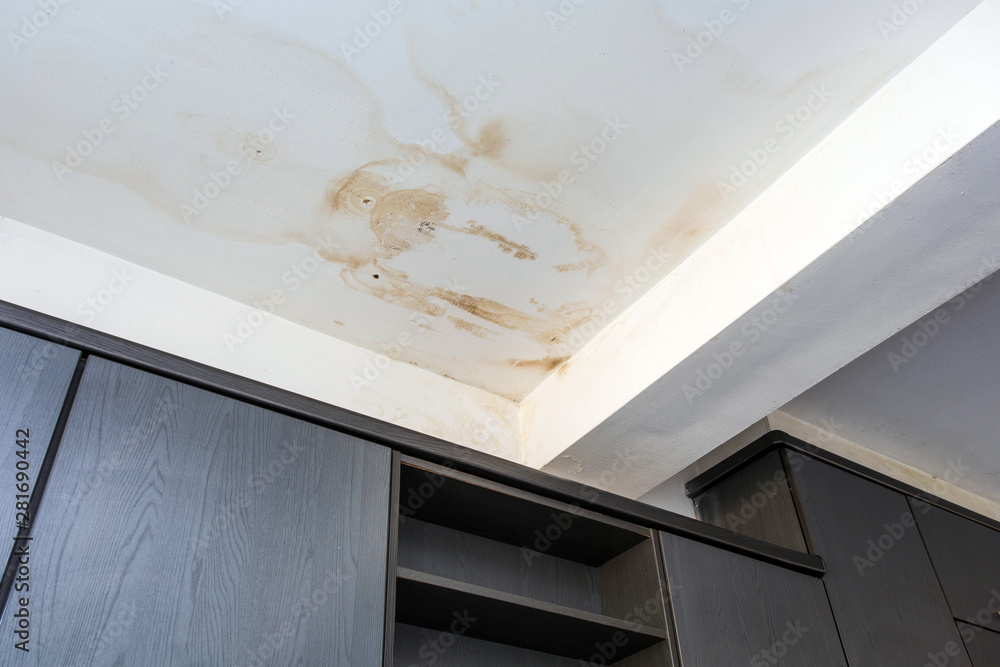 Roof leakage, water dameged ceiling roof and stain on ceiling - obrazy, fototapety, plakaty 