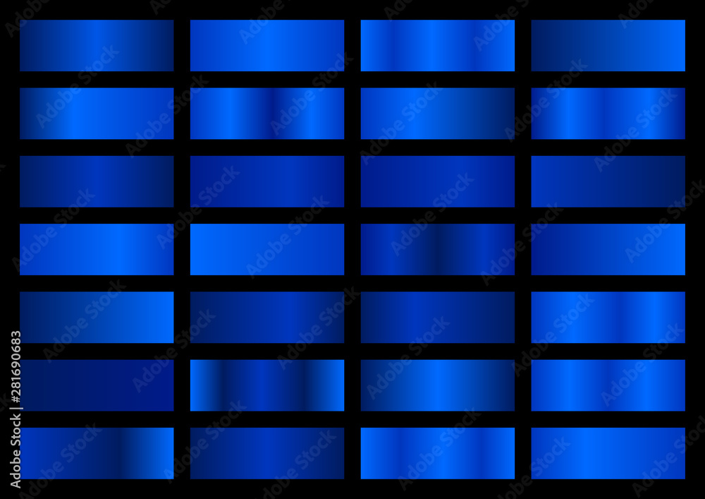Blue metal gradient set. Vector metallic texture. Big collection of blue metallic gradients on black background