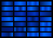 Blue metal gradient set. Vector metallic texture. Big collection of blue metallic gradients on black background