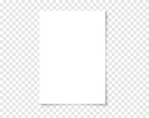 Poster - White realistic blank paper page with shadow. Vector A4 paper on transparent background. Paper mockup. Mockup A4 size paper template for your design.