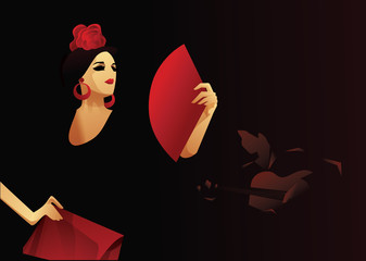 Spanish flamenco dancer with fan  with guitarist in accompaniment. Flamenco evening design