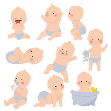Cute Baby Or Toddler Boy In Various Poses For Example Standing, Crying, Sitting, Crawling, Crying And Playing Isolated On White Background. Vector Illustration