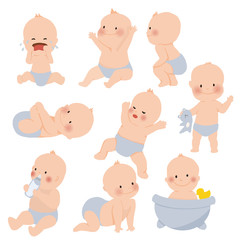 Cute baby or toddler boy in various poses for example standing, crying, sitting, crawling, crying and playing isolated on white background. vector illustration