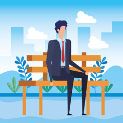 Wall Mural - elegant businessman seated in the park chair character